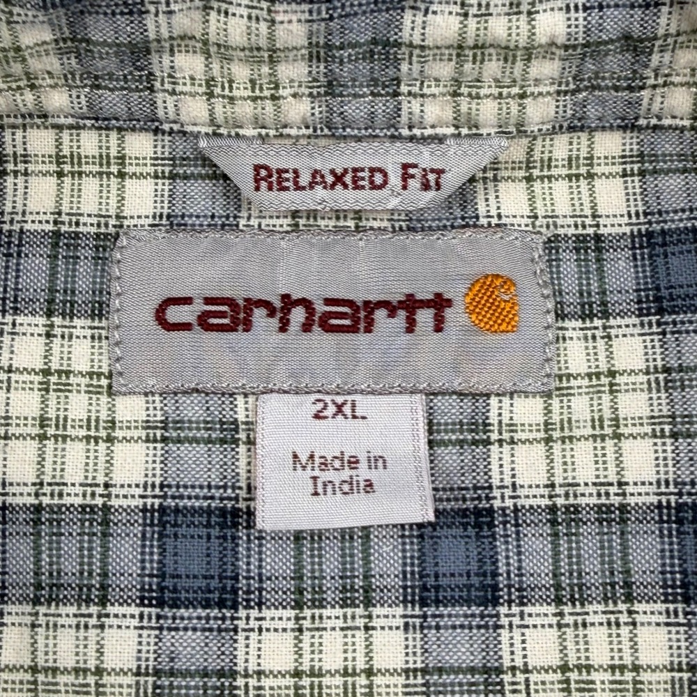 VTG Carhartt Button Down Shirt Mens 2XL Blue Plaid Short Sleeve Relaxed Fit - Picture 2 of 8